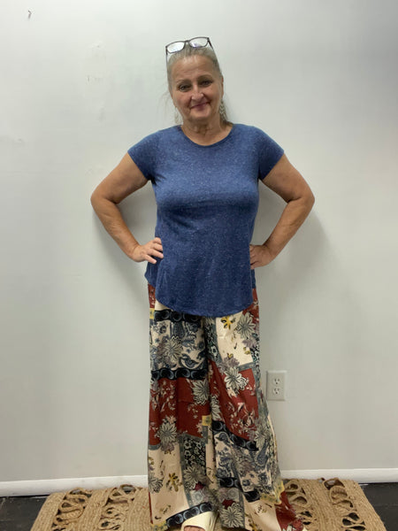 Wide Leg Elastic Waist Pants-blue rust florel