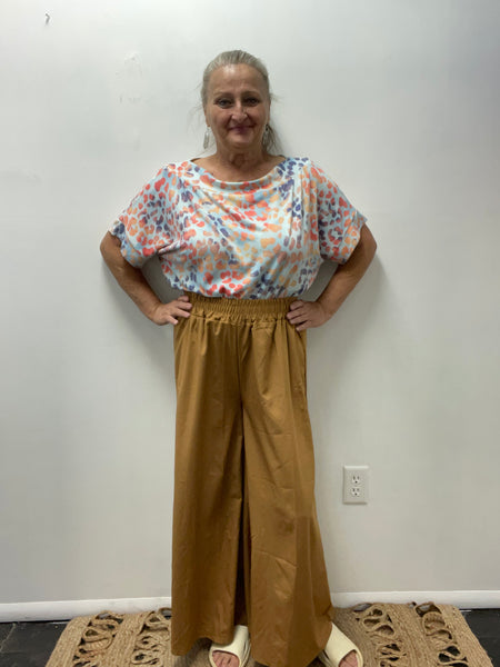 Wide Leg Elastic Waist Pants-Tan