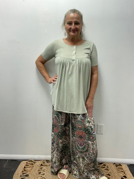 Wide Leg Elastic Waist Pants-chevron greens blues pinks