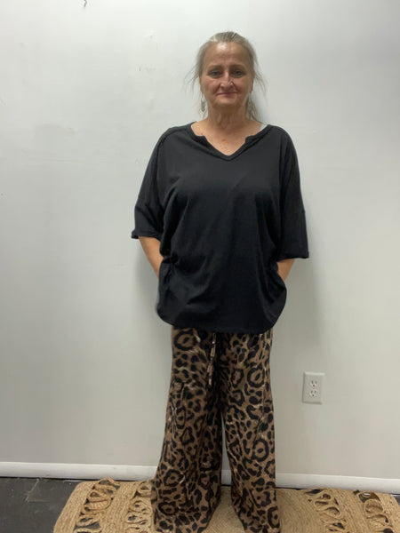 Wide Leg Elastic Waist Pants-black brown animal print
