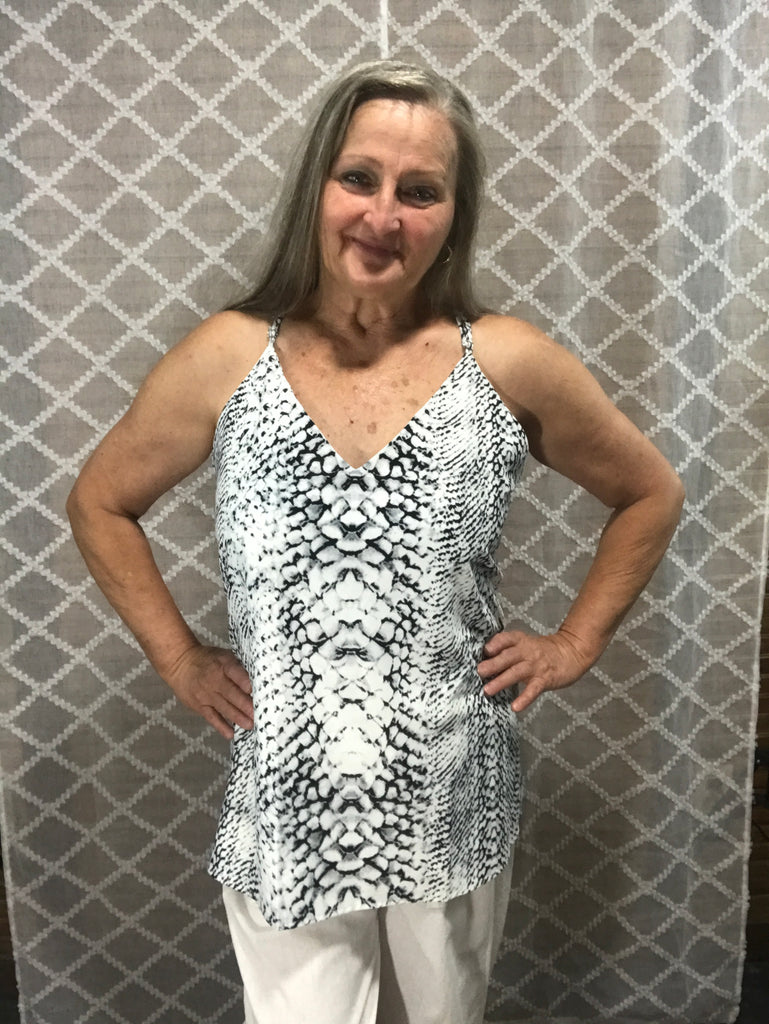 Sleeveless black and white snakeskin print tank top