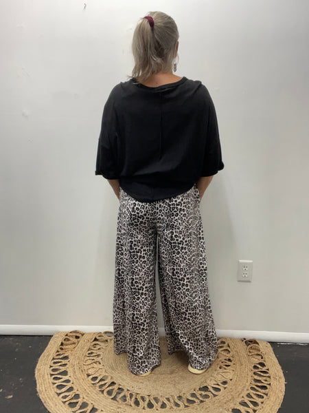 Wide Leg Elastic Waist Pants-black white leopard print