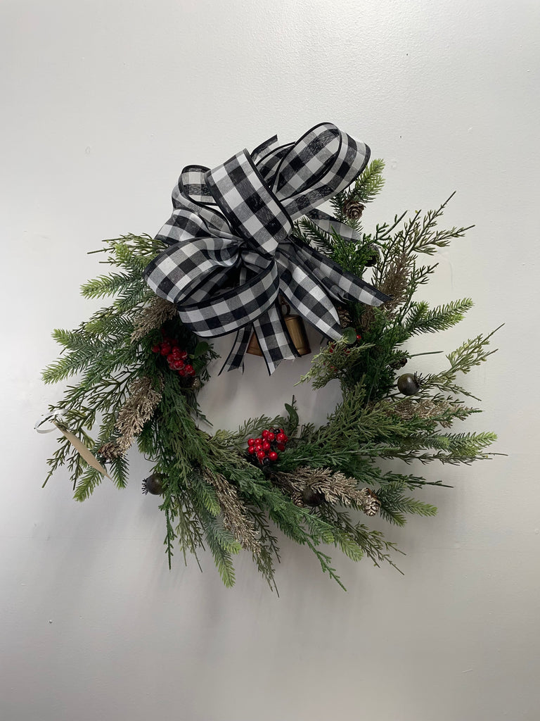 Christmas Natural Wreath w/Black & White checkered bow