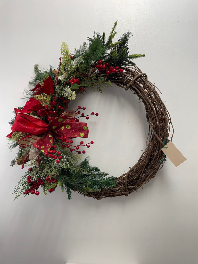 Christmas Wreath Red & Green Polka Dot Ribbon w/Grapevine