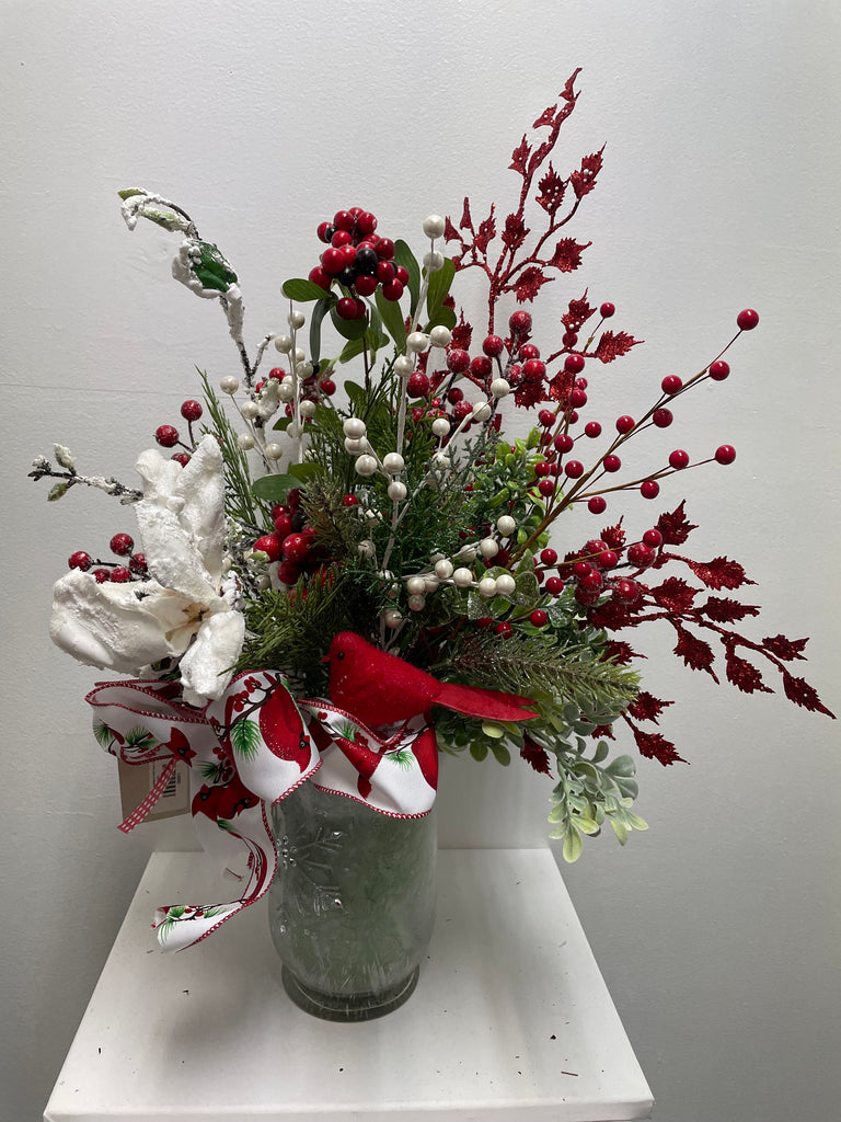 Christmas Vase w/snowflake & Holly Decor w/Red bird Ribbon