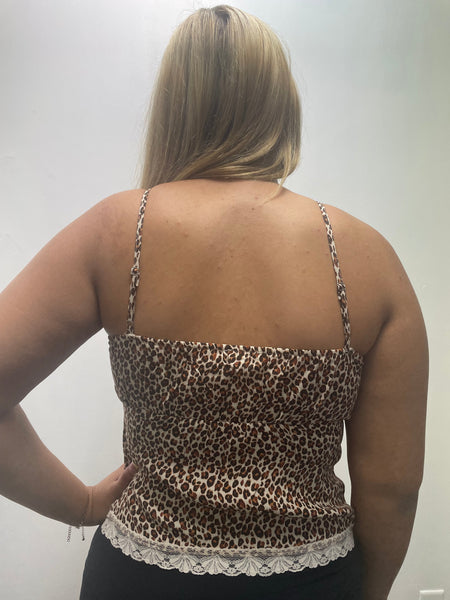 The Workshop Spaghetti Strap Lace Up w/Tie Brown/White Cheetah Tank Kaitlyn Martin