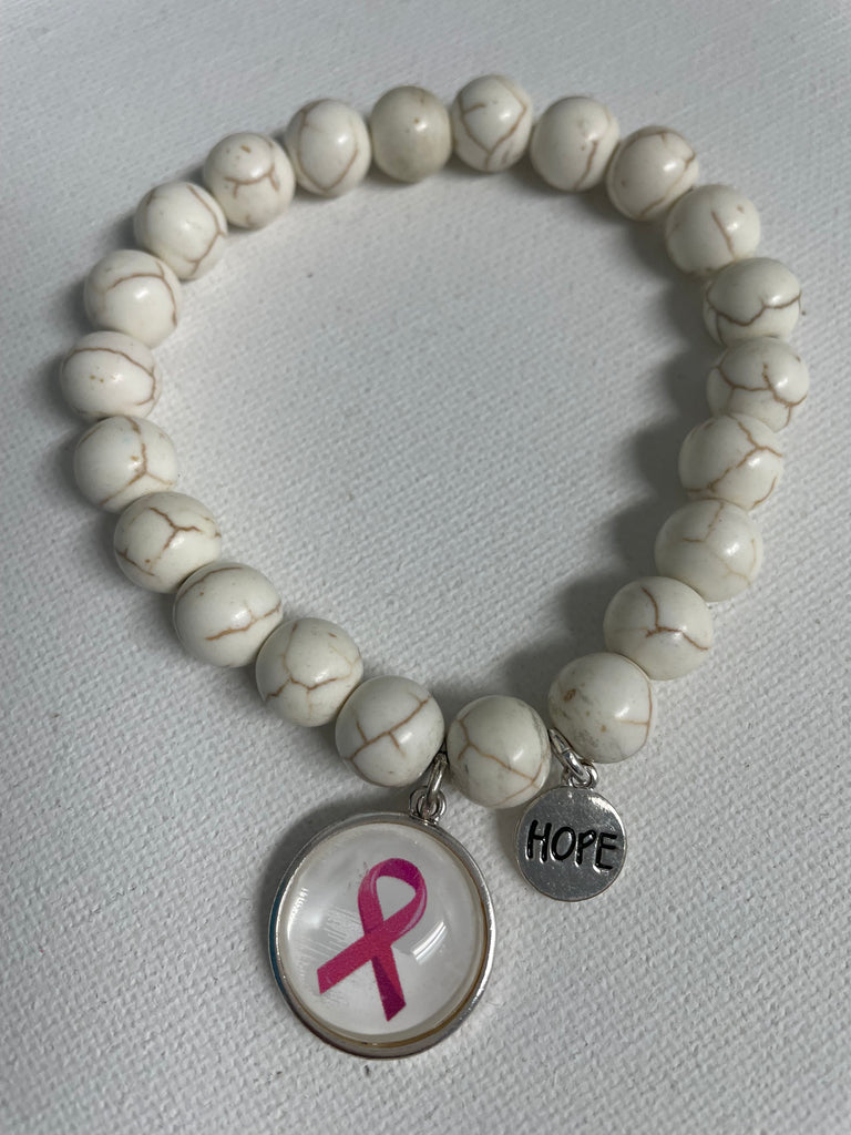 White Bead Bracelet w/Breast Cancer Charm/hope