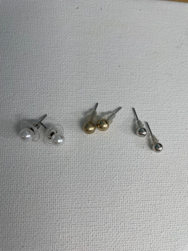 Set of 3 Kid's Stud Earrings/Gold/Silver/Pearl