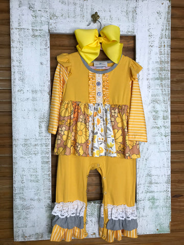 Mustard Colored Floral Romper or Ruffle Set