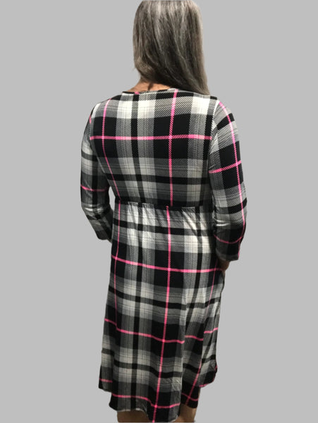 3/4 Sleeve Wrap Dress-black/Pink