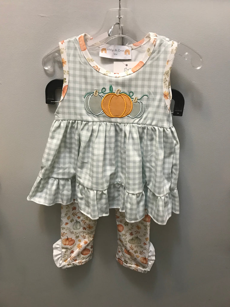 Girls Pant Set/w Short Sleeve Top/Pumpkin/Leaves Pant-Light Green Check