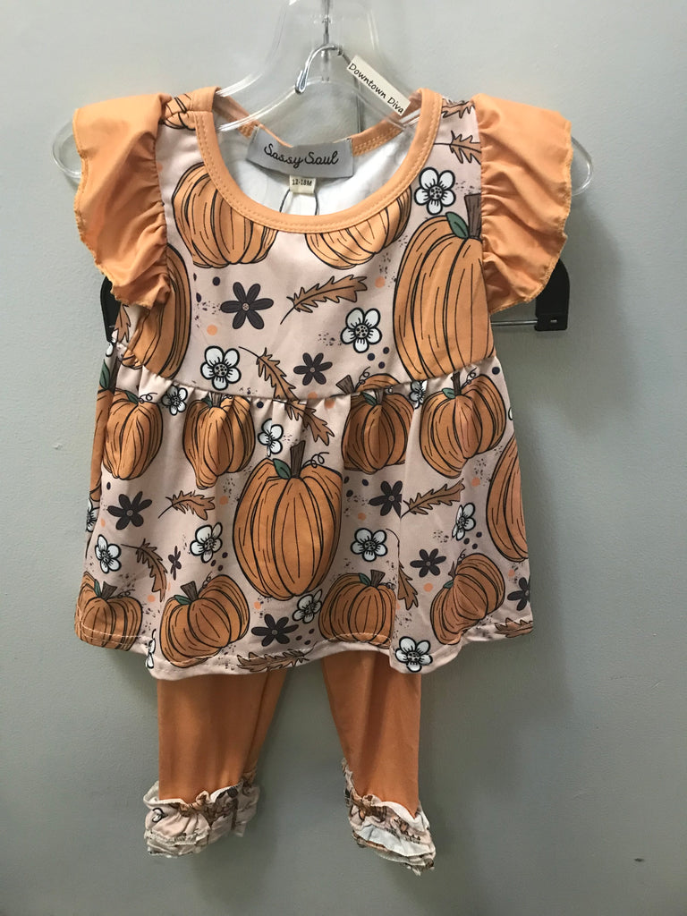 Girls Pant Set w/Pumpkin/Leaves-Orange ruffle sleeve pants puff bottom