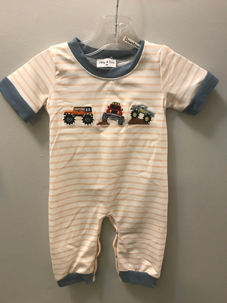 Pinstripe Romper w/trucks-Cream-Light Orange/gray Cuffs