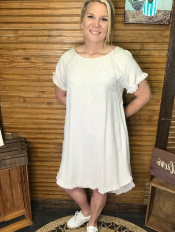 High/Low Linen Dress w/Frayed Bottom and Sleeves-Tan