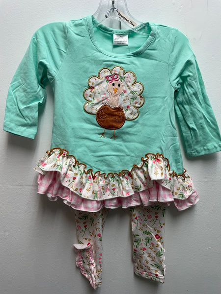 Girls Mint/Pink Floral Pant Set w/turkey