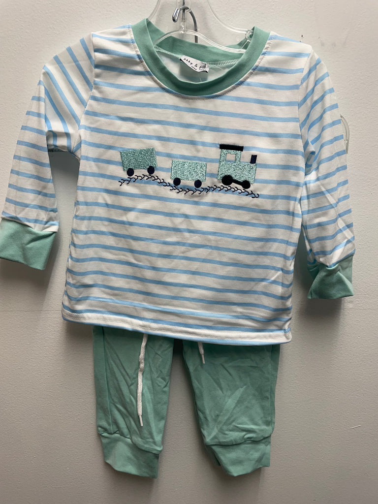 Boys Mint Green/blue & white stripe pant set with train & track