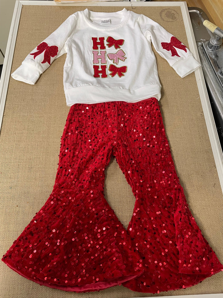Girls white top w/bows Red sequin flared pants