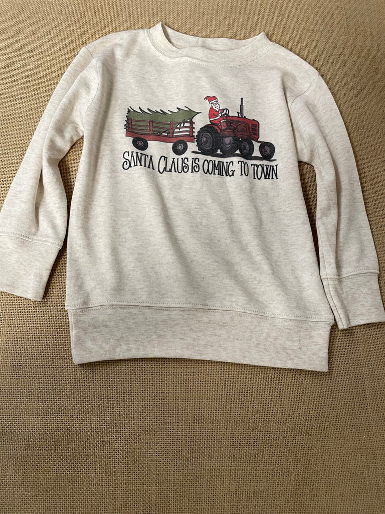 Boys' cream sweatshirt w/Santa on tractor and wagon