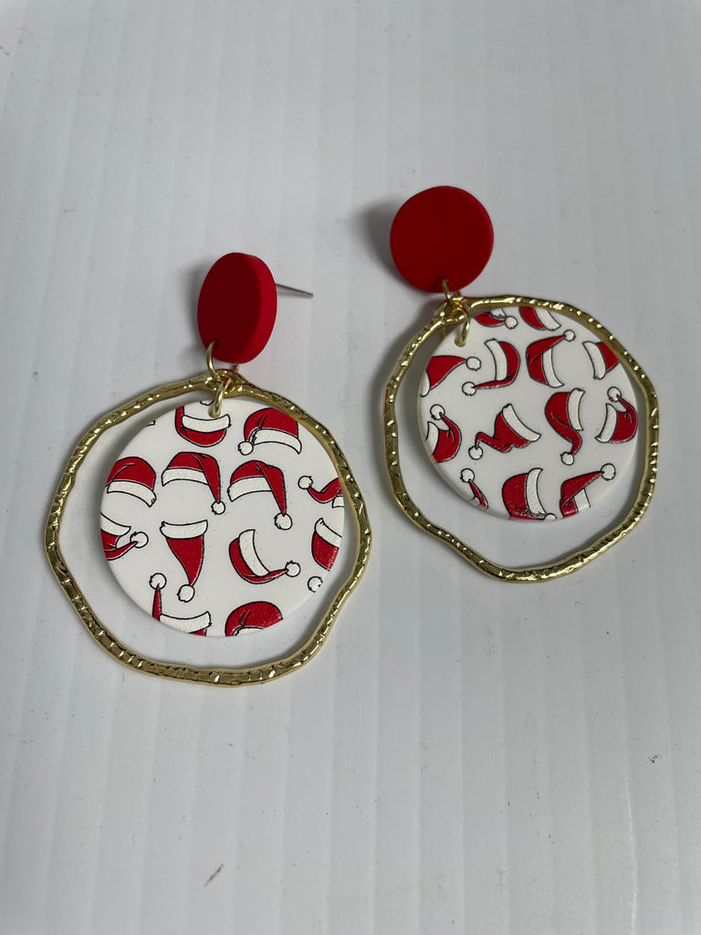 Christmas 2" red stud w/round gold circle w/white round w/red Santa hat earrings