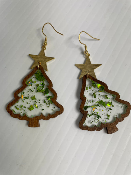Christmas Tree Earrings Kendra Schrader-dangle wood acrylic clear middle with gold star