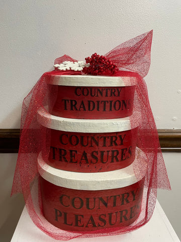 3 Teir Red Decor Boxes 13"t x9"w "country tradition"