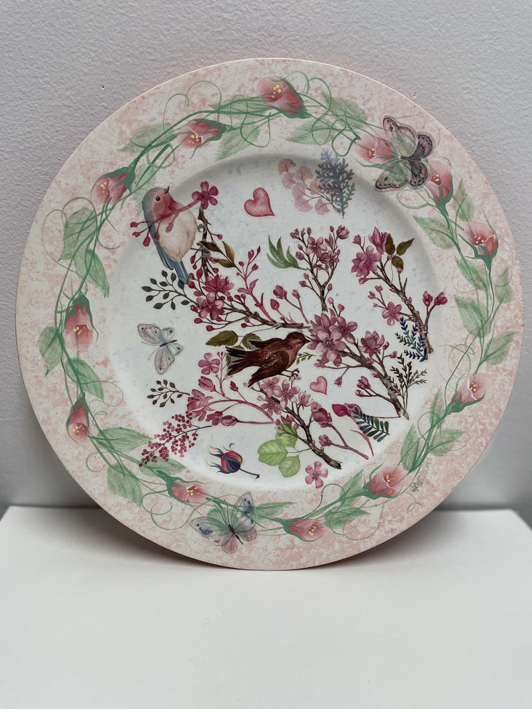 12" Round Wall Plate cream/pink/w birds & Floral
