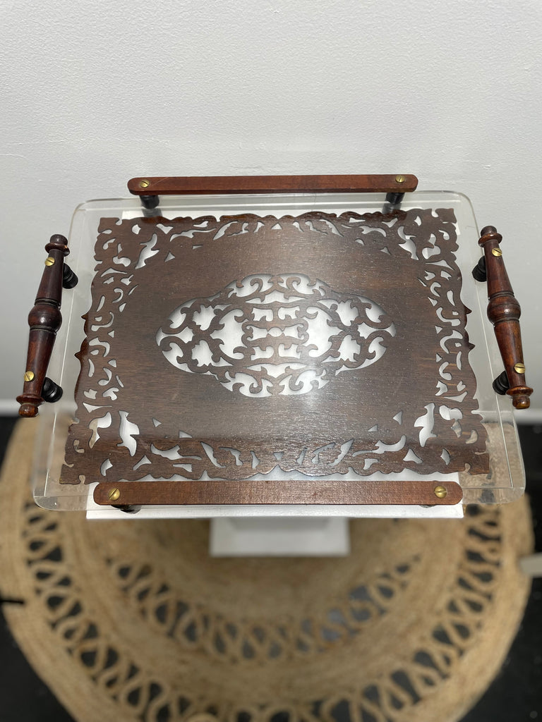 17"x13" Clear Serving Tray w/wood & Handels on sides