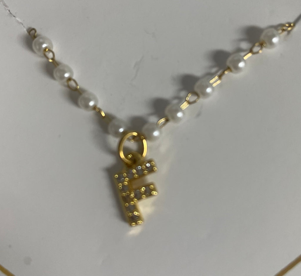 14"Gold Necklace w/tiny white beads w/letter F in cubic stones