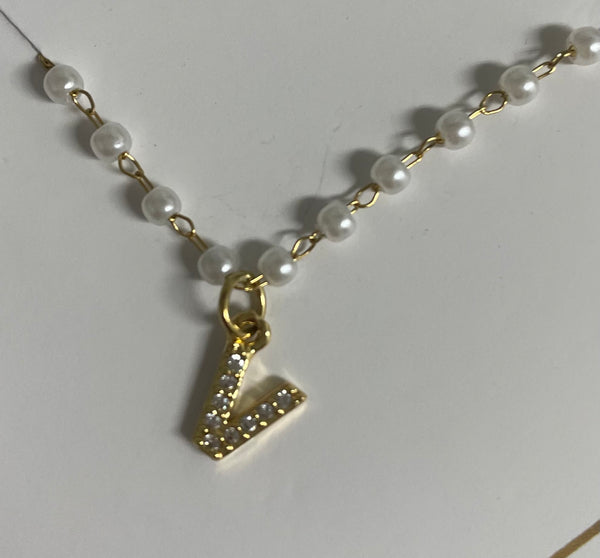 14"Gold Necklace w/tiny white beads w/letter V in cubic stones