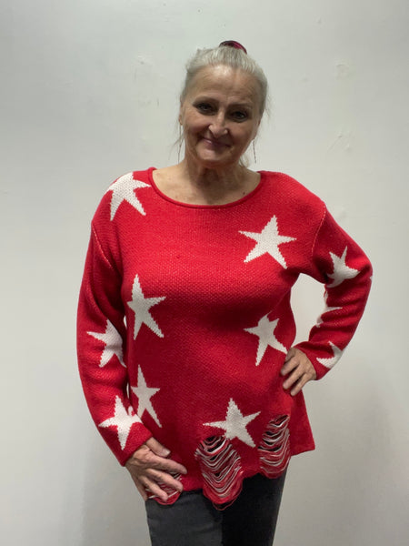 Zenana Red distressed Sweater w/white Stars