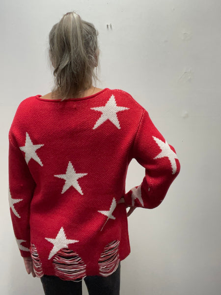 Zenana Red distressed Sweater w/white Stars
