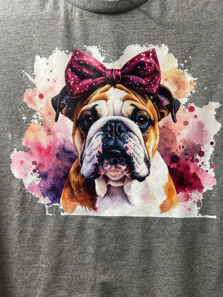 Cute Bulldog T-Shirt with Bow – Dog Lover Graphic Tee, Casual Pet Apparel OhhMy! Gifts and Things, LLC-Bulldog Face w/polka dot bow