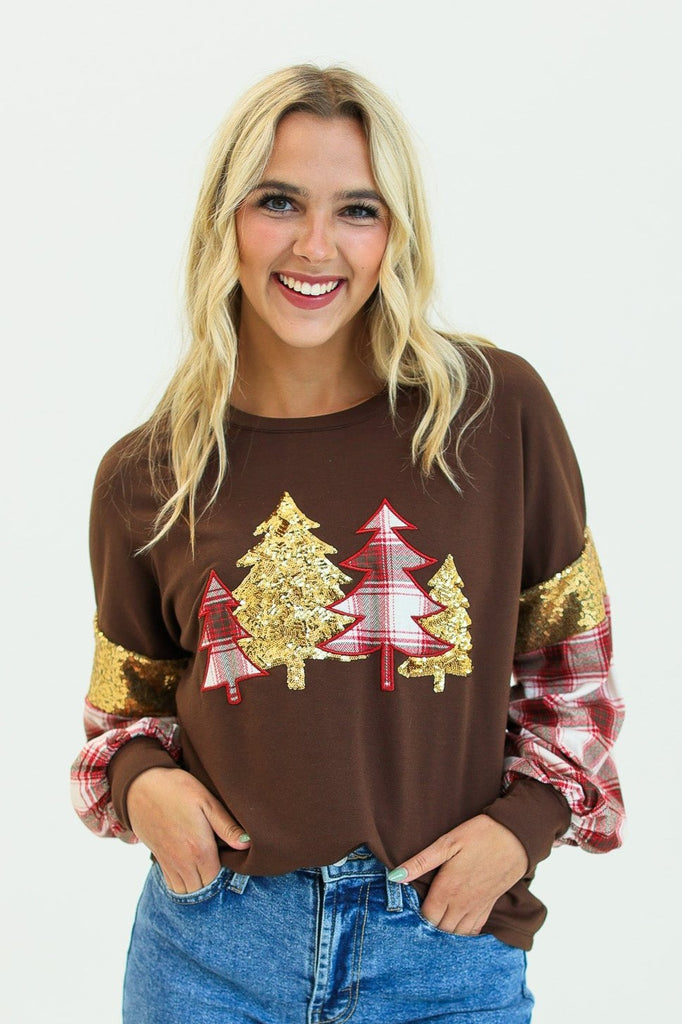 Brown Plaid Christmas Tree Sweatshirt Grace+Emma