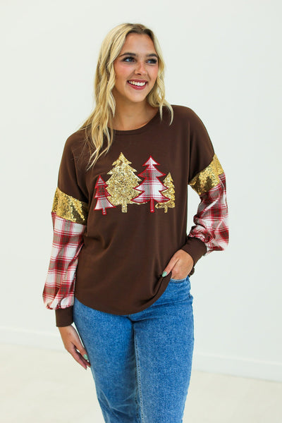 Brown Plaid Christmas Tree Sweatshirt Grace+Emma