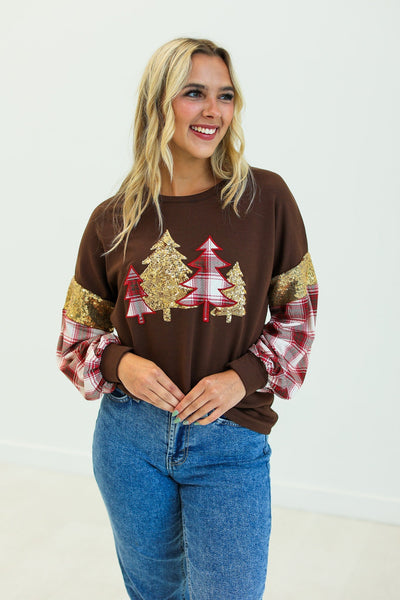 Brown Plaid Christmas Tree Sweatshirt Grace+Emma
