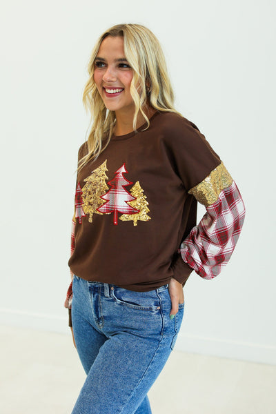 Brown Plaid Christmas Tree Sweatshirt Grace+Emma