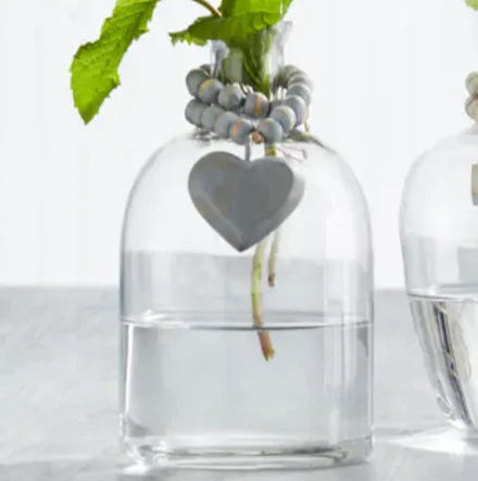 4"Round 6" High Glass Vase w/blue bead strand w/heart