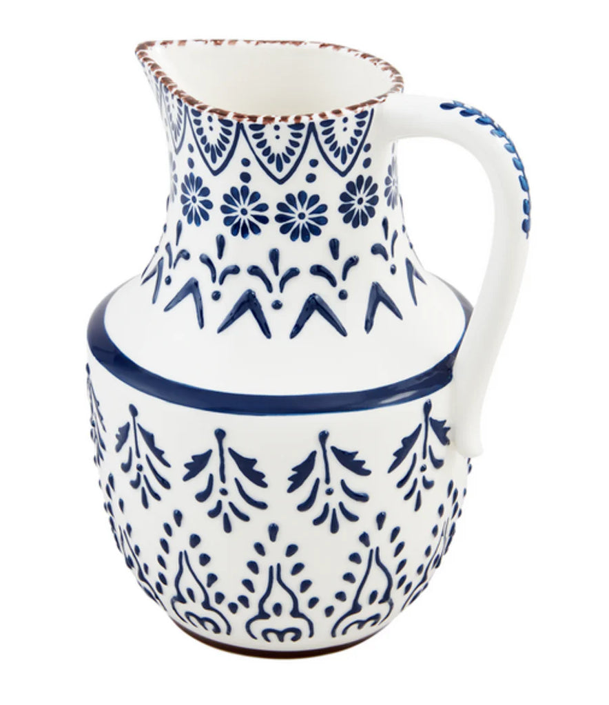 6" Round 8 1/2" Tall Mud Pie White w/blue painted Pitcher