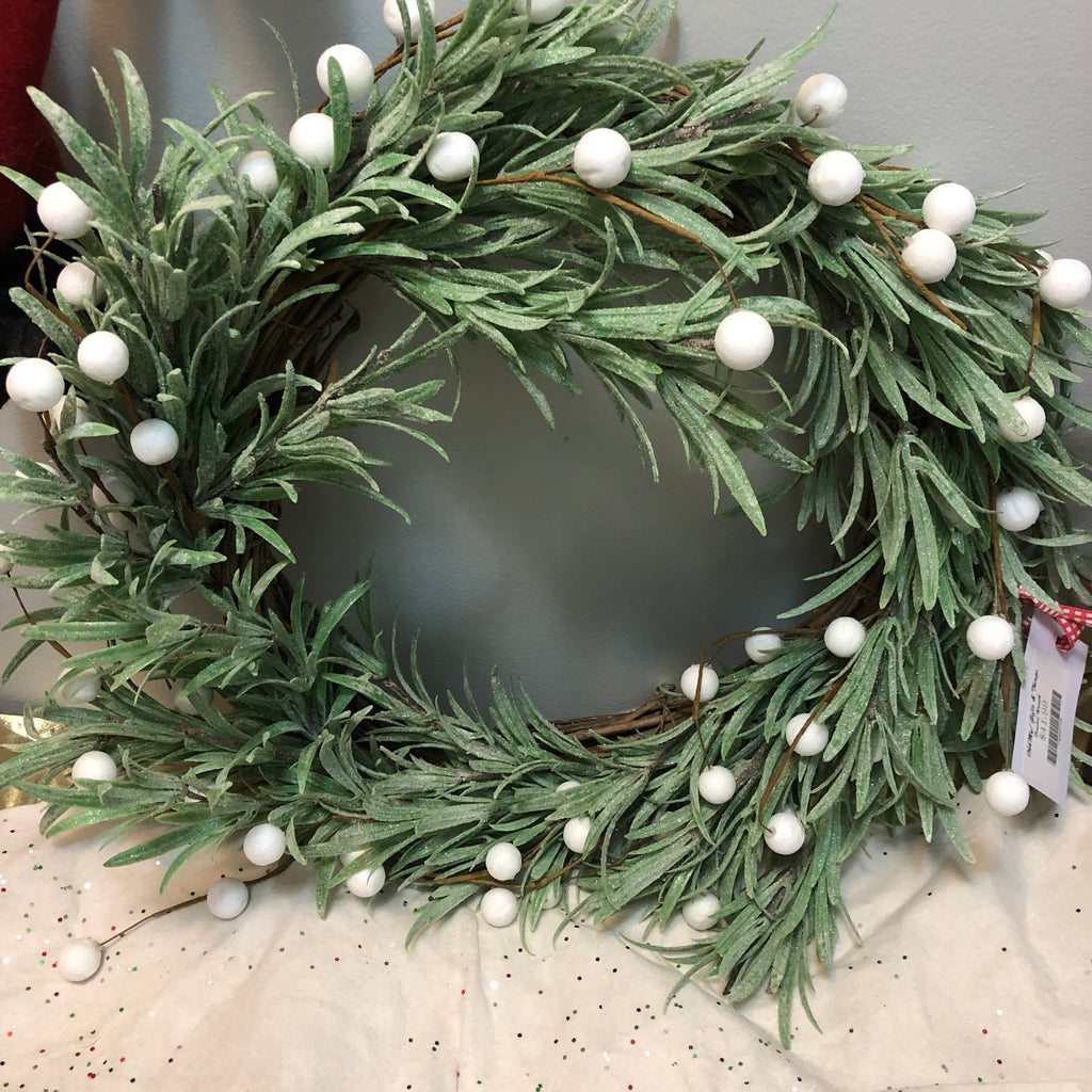 green Holiday wreath with white snowballs