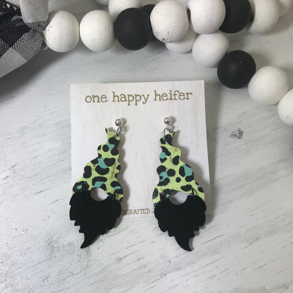 green and blue leopard top and black beard gnome earrings