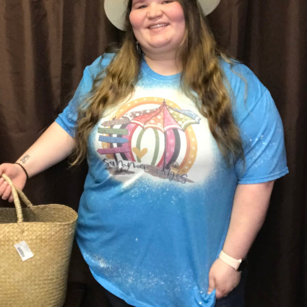 Bleached Blue T-shirt with A Beach Umbrella And "Summer Vibes" on The Front