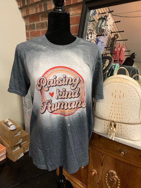 Bleached Colorful Charcoal Grey Shirt with "Raising Kind Humans" on The Front