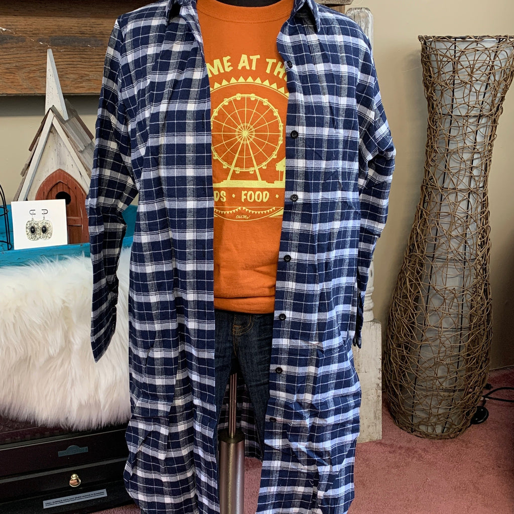 Long blue and white plaid shacket with front button closure.