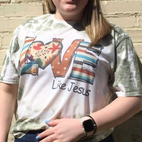 Bleached Green T-shirt with Fall Patterned "Love Like Jesus" on The Front