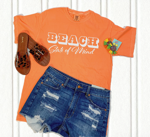 T-shirt- Orange comfort color short sleeve with the phrase, "Beach state of mind".