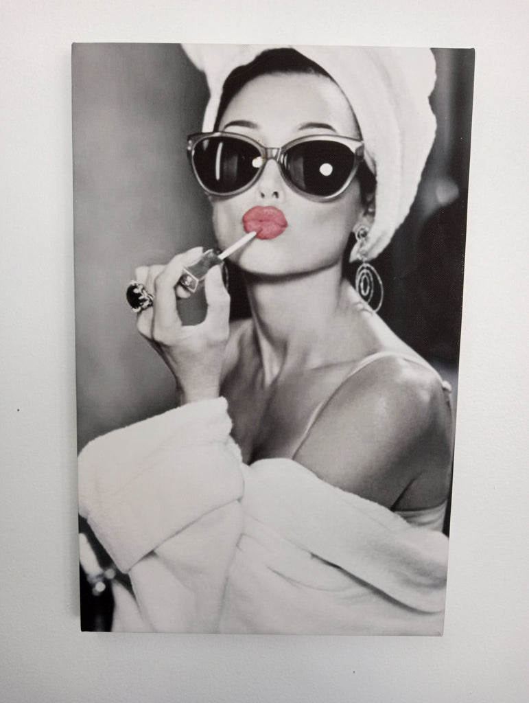 11"x17" black & white canvas w/lady painting lips in sunglasses Rick Dantzler