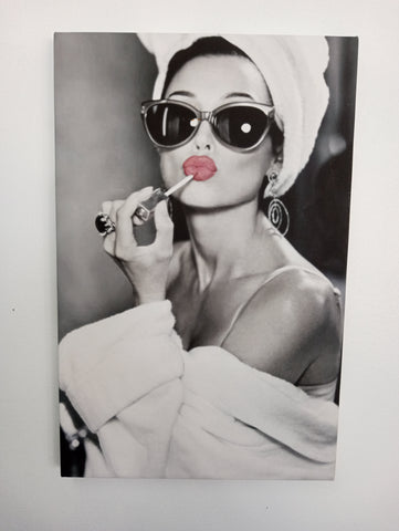 11"x17" black & white canvas w/lady painting lips in sunglasses Rick Dantzler
