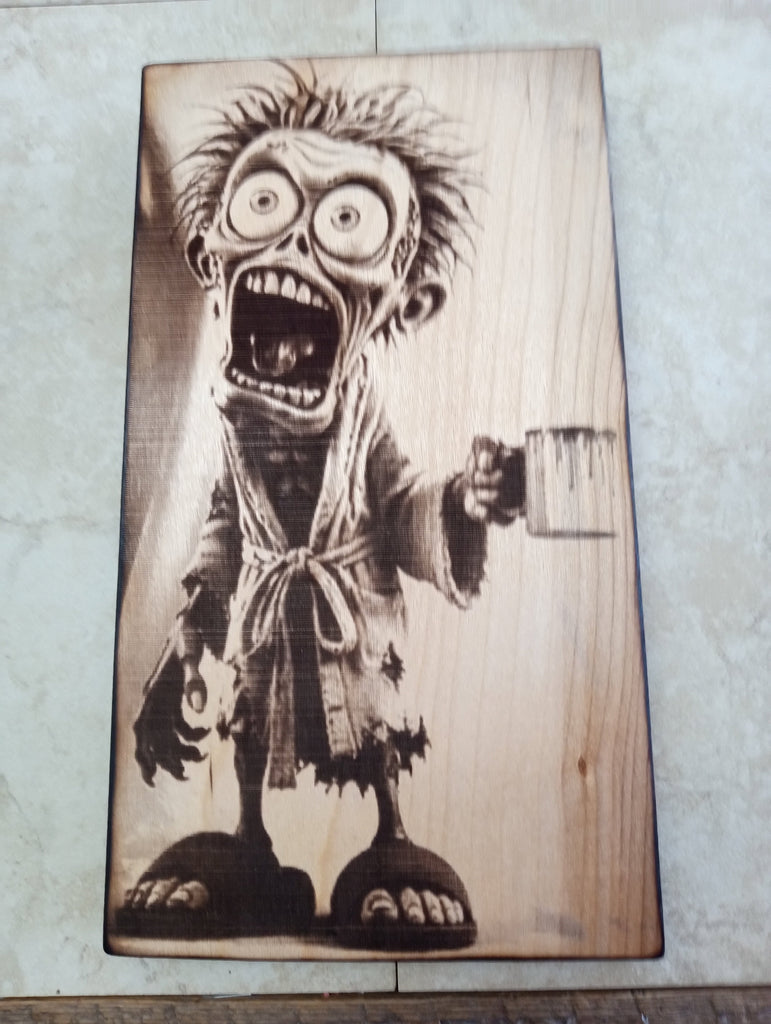 11"x6" Wood burn Lasered Man/Morning coffee