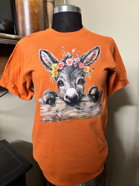Port & Company Orange Fall T-Shirt with Donkey & Fence Graphic