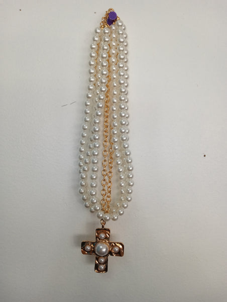 14" 3 Faux Pearl w/gold chain/gold cross w faux pearl bead necklace OhhMy! Gifts and Things, LLC